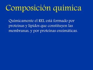 Composición química
Químicamente el REL está formado por
proteínas y lípidos que constituyen las
membranas, y por proteínas enzimáticas.
 