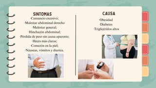 )
)
)
)
)
)
)
)
)
)
)
)
)
)
)
)
)
)
SINTOMAS CAUSA
·Cansancio excesivo;
·Malestar abdominal derecho
·Malestar general;
·Hinchazón abdominal;
·Pérdida de peso sin causa aparente;
·Heces más claras;
·Comezón en la piel;
·Náuseas, vómitos y diarrea.
·Obesidad
·Diabetes
·Triglicéridos altos
 
