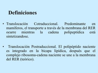 Definiciones Translocación Cotraduccional. Predominante en mamíferos, el transporte a través de la membrana del RER ocurre mientras la cadena polipeptídica está sintetizandose. Translocación Postraduccional. El polipéptido naciente es integrado en la bicapa lipídica, después que el complejo ribosoma-cadena naciente se une a la membrana del RER (teórico).  