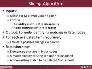 Slicing	Algorithm
§ Inputs:
o Match	set	M	of	Production	node	P
o Criteria
• An	existing match	in	M	to	disappear,	or
• A	non-existing match	in	M	to	appear
§ Output:	Formula	identifying matches in Rete nodes
§ For	each	evaluated	term	recursively
o Calculate	possible	changes	in	parent
§ Recursion	stops
o Elementary	changes	in	input	nodes
o A	match	already	existing	in	a	node	to	be	added
o A	non-existing	match	to	be	deleted	from	a	node
39
 