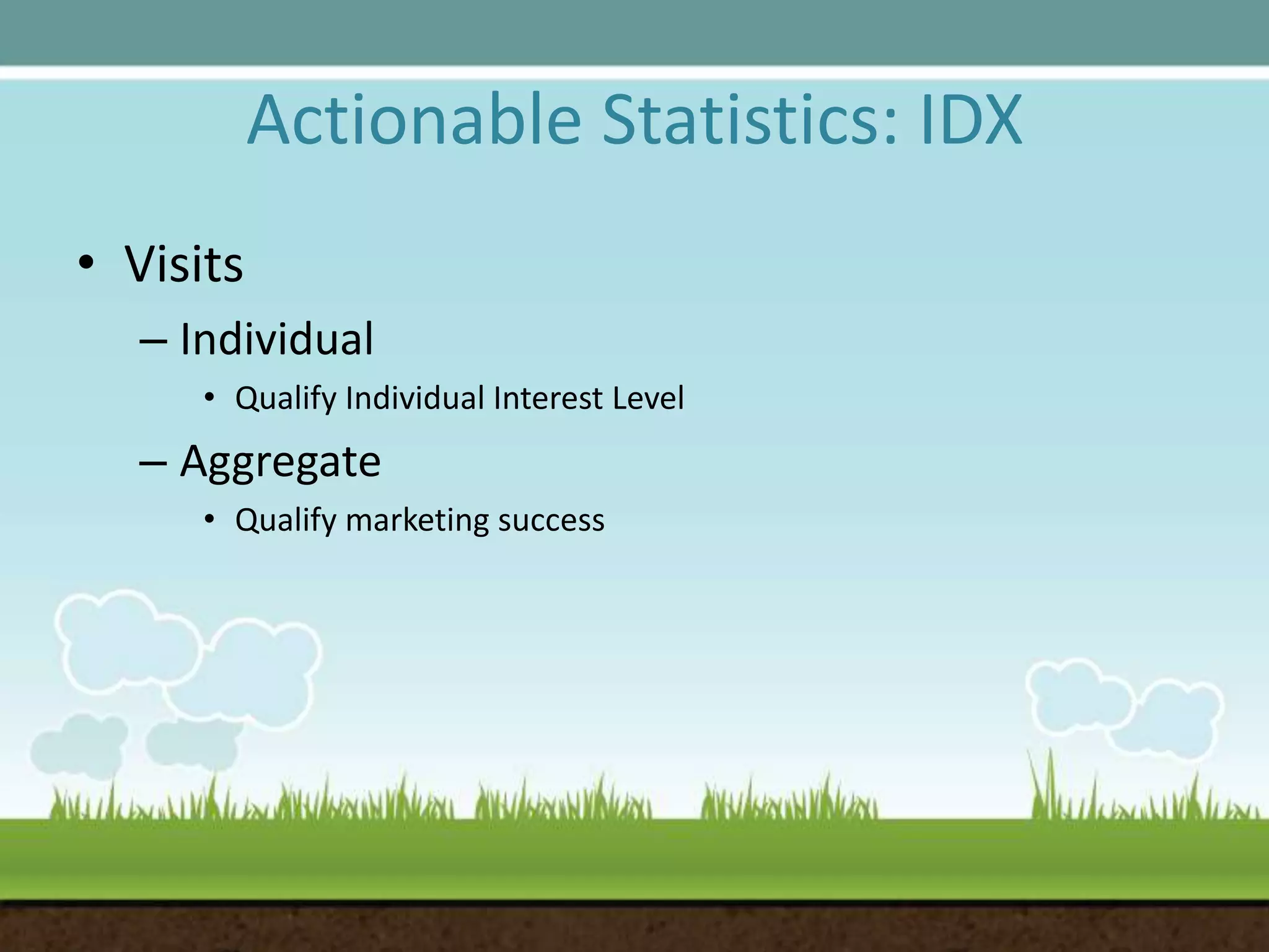 Actionable Statistics: IDXVisitsIndividualQualify Individual Interest LevelAggregateQualify marketing success 