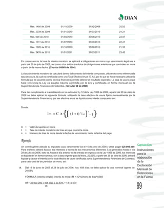 Res. 1486 de 2009               01/10/2009                  31/12/2009                      25,92

          Res. 2039 de 2009               01/01/2010                  31/03/2010                      24,21

          Res. 699 de 2010                01/04/2010                  30/06/2010                      22,97

          Res. 1311 de 2010               01/07/2010                  30/09/2010                      22,41

          Res. 1920 de 2010               01/10/2010                  31/12/2010                      21,32

          Res. 2476 de 2010               01/01/2011                  31/03/2011                      23,42


 En consecuencia, la tasa de interés moratorio se aplicará a obligaciones en mora cuyo vencimiento legal sea a
 partir del 29 de julio de 2006, así como a los saldos insolutos de obligaciones anteriores que continúen en mora
 a partir de la misma fecha. (Circular 00069 de 2006)

 La tasa de interés moratorio se calculará dentro del contexto del interés compuesto, utilizando como referencia la
 tasa de usura, la cual es certificada como una Tasa Efectiva Anual (E. A.), por lo que se hace necesario utilizar la
 fórmula que de acuerdo con la técnica financiera permite obtener el resultado esperado. La tasa de usura a que
 hace referencia la Ley es aquella máxima permitida por la Ley y certificada en forma mensual por la
 Superintendencia Financiera de Colombia. (Circular 69 de 2006)

 Para dar cumplimiento a lo establecido en los artículos 3 y 12 de la Ley 1066 de 2006, a partir del 29 de Julio de
 2006 se debe aplicar la siguiente fórmula, utilizando la tasa efectiva de usura fijada mensualmente por la
 Superintendencia Financiera y por ser efectiva anual se liquida como interés compuesto así:


 Donde:

                            Im = C x        {[     (1 + t) 1/365   ] - 1}
                                                                      n




 C   =    Valor del aporte en mora.
 t   =    Tasa de interés moratorio del mes en que ocurrió la mora.
 n   =    Número de días de mora desde la fecha de vencimiento hasta la fecha del pago.


 Ejemplo
                                                                                                                          Capítulo Dos
 Un contribuyente adeuda su impuesto cuyo vencimiento fue el 15 de junio de 2005 y debe pagar $20.000.000.
 Para el efecto deberá liquidar los intereses a través de dos mecanismos diferentes: Los generados hasta el día           Instrucciones
 28 de julio de 2006, esto es, hasta el día anterior de la entrada en vigencia de la Ley 1066 de 2006, los intereses
                                                                                                                          para la
 se liquidarán en forma nominal, con la tasa vigente para la fecha, 20,63%; a partir del 29 de julio de 2006, deberá
 liquidar y causar el interés con la tasa efectiva de usura certificada por la Superintendencia Financiera de Colombia,   elaboración
 para cada uno de los períodos de mora, así:                                                                              de la
                                                                                                                          Declaración
A.   Del 15 de junio de 2005 al 28 de julio de 2006, hay: 408 días; se debe aplicar la tasa nominal vigente de:
     20,63%
                                                                                                                          Mensual de
                                                                                                                          Retenciones
     FÓRMULA (interés simple): interés de mora: IM = (C*número de días*t)/365                                             en la Fuente
     IM = 20.000.000 x 408 días x 20,63% = 4.612.000
                       36
                                                                                                                          99
 