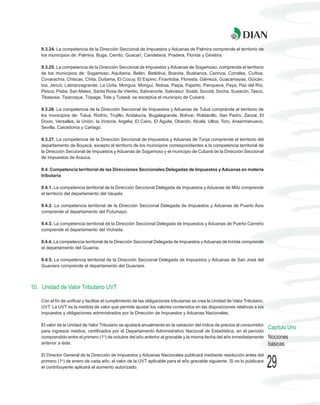 9.3.24. La competencia de la Dirección Seccional de Impuestos y Aduanas de Palmira comprende el territorio de
    los municipios de: Palmira, Buga, Cerrito, Guacarí, Candelaria, Pradera, Florida y Ginebra.

    9.3.25. La competencia de la Dirección Seccional de Impuestos y Aduanas de Sogamoso, comprende el territorio
    de los municipios de: Sogamoso, Aquitania, Belén, Betéitiva, Boavita, Busbanza, Cerinza, Corrales, Cuítiva,
    Covarachía, Chiscas, Chita, Duitama, El Cocuy, El Espino, Firavitoba, Floresta, Gámeza, Guacamayas, Güicán,
    Iza, Jericó, Labranzagrande, La Uvita, Mongua, Monguí, Nobsa, Paipa, Pajarito, Panqueva, Paya, Paz del Río,
    Pesca, Pisba, San Mateo, Santa Rosa de Viterbo, Sativanorte, Sativasur, Soatá, Socotá, Socha, Susacón, Tasco,
    Tibasosa, Tipacoque, Tópaga, Tota y Tutasá; se exceptúa el municipio de Cubará.

    9.3.26. La competencia de la Dirección Seccional de Impuestos y Aduanas de Tuluá comprende el territorio de
    los municipios de: Tuluá, Riofrío, Trujillo, Andalucía, Bugalagrande, Bolívar, Roldanillo, San Pedro, Zarzal, El
    Dovio, Versalles, la Unión, la Victoria, Argelia, El Cairo, El Águila, Obando, Alcalá, Ulloa, Toro, Ansermanuevo,
    Sevilla, Caicedonia y Cartago.

    9.3.27. La competencia de la Dirección Seccional de Impuestos y Aduanas de Tunja comprende el territorio del
    departamento de Boyacá, excepto el territorio de los municipios correspondientes a la competencia territorial de
    la Dirección Seccional de Impuestos y Aduanas de Sogamoso y el municipio de Cubará de la Dirección Seccional
    de Impuestos de Arauca.

    9.4. Competencia territorial de las Direcciones Seccionales Delegadas de Impuestos y Aduanas en materia
    tributaria

    9.4.1. La competencia territorial de la Dirección Seccional Delegada de Impuestos y Aduanas de Mitú comprende
    el territorio del departamento del Vaupés.

    9.4.2. La competencia territorial de la Dirección Seccional Delegada de Impuestos y Aduanas de Puerto Asís
    comprende el departamento del Putumayo.

    9.4.3. La competencia territorial de la Dirección Seccional Delegada de Impuestos y Aduanas de Puerto Carreño
    comprende el departamento del Vichada.

    9.4.4. La competencia territorial de la Dirección Seccional Delegada de Impuestos y Aduanas de Inírida comprende
    el departamento del Guainía.

    9.4.5. La competencia territorial de la Dirección Seccional Delegada de Impuestos y Aduanas de San José del
    Guaviare comprende el departamento del Guaviare.



10. Unidad de Valor Tributario UVT

    Con el fin de unificar y facilitar el cumplimiento de las obligaciones tributarias se crea la Unidad de Valor Tributario,
    UVT. La UVT es la medida de valor que permite ajustar los valores contenidos en las disposiciones relativas a los
    impuestos y obligaciones administrados por la Dirección de Impuestos y Aduanas Nacionales.

    El valor de la Unidad de Valor Tributario se ajustará anualmente en la variación del índice de precios al consumidor
                                                                                                                                Capítulo Uno
    para ingresos medios, certificados por el Departamento Administrativo Nacional de Estadística, en el período
    comprendido entre el primero (1o) de octubre del año anterior al gravable y la misma fecha del año inmediatamente           Nociones
    anterior a éste.                                                                                                            básicas
    El Director General de la Dirección de Impuestos y Aduanas Nacionales publicará mediante resolución antes del
    primero (1o) de enero de cada año, el valor de la UVT aplicable para el año gravable siguiente. Si no lo publicare
    el contribuyente aplicará el aumento autorizado.                                                                            29
 