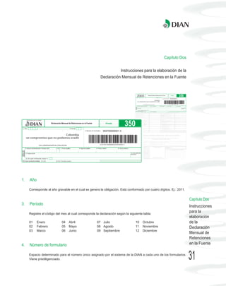 Capítulo Dos


                                                                      Instrucciones para la elaboración de la
                                                       Declaración Mensual de Retenciones en la Fuente




1.   Año

     Corresponde al año gravable en el cual se genera la obligación. Está conformado por cuatro dígitos. Ej.: 2011.


                                                                                                                      Capítulo Dos
3.   Período
                                                                                                                      Instrucciones
     Registre el código del mes al cual corresponde la declaración según la siguiente tabla:
                                                                                                                      para la
                                                                                                                      elaboración
     01    Enero            04   Abril               07 Julio                   10   Octubre                          de la
     02    Febrero          05   Mayo                08 Agosto                  11   Noviembre                        Declaración
     03    Marzo            06   Junio               09 Septiembre              12   Diciembre
                                                                                                                      Mensual de
                                                                                                                      Retenciones
4.   Número de formulario                                                                                             en la Fuente

     Espacio determinado para el número único asignado por el sistema de la DIAN a cada uno de los formularios.
     Viene prediligenciado.                                                                                           31
 