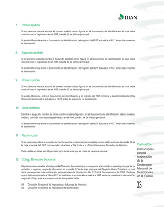 7.   Primer apellido

     Si es persona natural escriba el primer apellido como figura en el documento de identificación el cual debe
     coincidir con el registrado en el RUT, casilla 31 de la hoja principal.

     Si existe diferencia entre el documento de identificación y el registro del RUT, actualice el RUT antes de presentar
     la declaración.



8.   Segundo apellido

     Si es persona natural escriba el segundo apellido como figura en el documento de identificación el cual debe
     coincidir con el registrado en el RUT, casilla 32 de la hoja principal.

     Si existe diferencia entre el documento de identificación y el registro del RUT, actualice el RUT antes de presentar
     la declaración.



9.   Primer nombre

     Si es persona natural escriba el primer nombre como figura en el documento de identificación el cual debe
     coincidir con el registrado en el RUT, casilla 33 de la hoja principal.

     Si existe diferencia entre el documento de identificación y el registro del RUT, informe a la Administración (Hoy
     Dirección Seccional) o actualice el RUT antes de presentar la declaración.



10. Otros nombres

     Escriba el segundo nombre (u otros nombres) como figura(n) en el documento de identificación el(los) cual(es)
     debe(n) coincidir con el(los) registrado(s) en el RUT, casilla 34 de la hoja principal.

     Si existe diferencia entre el documento de identificación y el registro del RUT, actualice el RUT antes de presentar
     la declaración.



11. Razón social

     Si es persona jurídica o sociedad de hecho escriba la razón social completa, como está inscrita en la casilla 35 de
     la hoja principal del RUT, por ejemplo: «La ideal y Cía. Ltda.» o «Pérez Hermanos Sociedad de Hecho».                   Capítulo Dos
                                                                                                                             Instrucciones
     Esta casilla no debe ser diligenciada por declarante que se trate de persona natural.
                                                                                                                             para la
                                                                                                                             elaboración
12. Código Dirección Seccional                                                                                               de la
     Registre en esta casilla, el código de la Dirección Seccional que corresponde al domicilio o asiento principal de su
                                                                                                                             Declaración
     actividad o negocio, según lo informado en la casilla 12 de la hoja principal del Registro Único Tributario, el cual    Mensual de
     debe corresponder a la codificación establecida en la Resolución No. 012 del 4 de noviembre de 2008. Verifique          Retenciones
     que el dato corresponda al último RUT actualizado, si no coincide actualice el RUT antes de presentar la declaración,   en la Fuente
     según el código que le corresponda de la siguiente tabla:

     01
     02
           Dirección Seccional de Impuestos y Aduanas de Armenia
           Dirección Seccional de Impuestos de Barranquilla                                                                  33
 