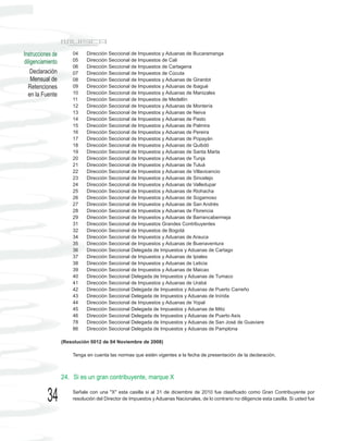 Instrucciones de       04    Dirección Seccional de Impuestos y Aduanas de Bucaramanga
diligenciamiento       05    Dirección Seccional de Impuestos de Cali
                       06    Dirección Seccional de Impuestos de Cartagena
    Declaración        07    Dirección Seccional de Impuestos de Cúcuta
    Mensual de         08    Dirección Seccional de Impuestos y Aduanas de Girardot
  Retenciones          09    Dirección Seccional de Impuestos y Aduanas de Ibagué
  en la Fuente         10    Dirección Seccional de Impuestos y Aduanas de Manizales
                       11    Dirección Seccional de Impuestos de Medellín
                       12    Dirección Seccional de Impuestos y Aduanas de Montería
                       13    Dirección Seccional de Impuestos y Aduanas de Neiva
                       14    Dirección Seccional de Impuestos y Aduanas de Pasto
                       15    Dirección Seccional de Impuestos y Aduanas de Palmira
                       16    Dirección Seccional de Impuestos y Aduanas de Pereira
                       17    Dirección Seccional de Impuestos y Aduanas de Popayán
                       18    Dirección Seccional de Impuestos y Aduanas de Quibdó
                       19    Dirección Seccional de Impuestos y Aduanas de Santa Marta
                       20    Dirección Seccional de Impuestos y Aduanas de Tunja
                       21    Dirección Seccional de Impuestos y Aduanas de Tuluá
                       22    Dirección Seccional de Impuestos y Aduanas de Villavicencio
                       23    Dirección Seccional de Impuestos y Aduanas de Sincelejo
                       24    Dirección Seccional de Impuestos y Aduanas de Valledupar
                       25    Dirección Seccional de Impuestos y Aduanas de Riohacha
                       26    Dirección Seccional de Impuestos y Aduanas de Sogamoso
                       27    Dirección Seccional de Impuestos y Aduanas de San Andrés
                       28    Dirección Seccional de Impuestos y Aduanas de Florencia
                       29    Dirección Seccional de Impuestos y Aduanas de Barrancabermeja
                       31    Dirección Seccional de Impuestos Grandes Contribuyentes
                       32    Dirección Seccional de Impuestos de Bogotá
                       34    Dirección Seccional de Impuestos y Aduanas de Arauca
                       35    Dirección Seccional de Impuestos y Aduanas de Buenaventura
                       36    Dirección Seccional Delegada de Impuestos y Aduanas de Cartago
                       37    Dirección Seccional de Impuestos y Aduanas de Ipiales
                       38    Dirección Seccional de Impuestos y Aduanas de Leticia
                       39    Dirección Seccional de Impuestos y Aduanas de Maicao
                       40    Dirección Seccional Delegada de Impuestos y Aduanas de Tumaco
                       41    Dirección Seccional de Impuestos y Aduanas de Urabá
                       42    Dirección Seccional Delegada de Impuestos y Aduanas de Puerto Carreño
                       43    Dirección Seccional Delegada de Impuestos y Aduanas de Inírida
                       44    Dirección Seccional de Impuestos y Aduanas de Yopal
                       45    Dirección Seccional Delegada de Impuestos y Aduanas de Mitú
                       46    Dirección Seccional Delegada de Impuestos y Aduanas de Puerto Asís
                       78    Dirección Seccional Delegada de Impuestos y Aduanas de San José de Guaviare
                       86    Dirección Seccional Delegada de Impuestos y Aduanas de Pamplona

                   (Resolución 0012 de 04 Noviembre de 2008)

                       Tenga en cuenta las normas que estén vigentes a la fecha de presentación de la declaración.



                   24. Si es un gran contribuyente, marque X


           34          Señale con una "X" esta casilla si al 31 de diciembre de 2010 fue clasificado como Gran Contribuyente por
                       resolución del Director de Impuestos y Aduanas Nacionales, de lo contrario no diligencie esta casilla. Si usted fue
 
