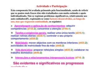 Actividade e Participação
Esta componente foi avaliada primando pela funcionalidade, sendo de referir
que os pontos mais fracos têm sido trabalhados com muito estímulo e apoio
individualizado. Não se registam problemas significativos, relativamente aos
auto cuidados(d5), registando-se como factores desenvolvidos, ao longo do
ano, mas que requerem continuidade, os seguintes:
Aprendizagem e aplicação de conhecimentos: adquirir
competências (d155.2); concentrar a atenção (d160.1)
Tarefas e exigências gerais: realizar uma única tarefa (d210.1);
realizar rotinas diárias (d230.1); controlar o seu próprio
comportamento (d250.2)
Mobilidade: mover objectos com os membros inferiores (d435.2);
actividades de motricidade fina da mão (d440.2)
Vida doméstica: preparar refeições simples (d630.2); colaborar no
trabalho doméstico (d640.2)
Interacções e relacionamentos interpessoais básicas (d710. 2)
São evidentes e significativos os progressos
registados.
 
