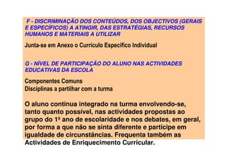 F - DISCRIMINAÇÃO DOS CONTEÚDOS, DOS OBJECTIVOS (GERAIS
E ESPECÍFICOS) A ATINGIR, DAS ESTRATÉGIAS, RECURSOS
HUMANOS E MATERIAIS A UTILIZAR
Junta-se em Anexo o Currículo Específico Individual
G - NÍVEL DE PARTICIPAÇÃO DO ALUNO NAS ACTIVIDADES
EDUCATIVAS DA ESCOLA
Componentes Comuns
Disciplinas a partilhar com a turma
O aluno continua integrado na turma envolvendo-se,
tanto quanto possível, nas actividades propostas ao
grupo do 1º ano de escolaridade e nos debates, em geral,
por forma a que não se sinta diferente e participe em
igualdade de circunstâncias. Frequenta também as
Actividades de Enriquecimento Curricular.
 