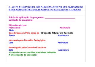 L – DATA E ASSINATURA DOS PARTICIPANTES NA SUA ELABORAÇÃO
E DOS RESPONSÁVEIS PELAS RESPOSTAS EDUCATIVAS A APLICAR
Início da aplicação do programa: ________________________
Validade do programa: _________________________________
PEI elaborado por:
Profissional Assinatura
Data :
Coordenação do PEI a cargo de (Docente Titular de Turma):
Nome Assinatura
Aprovado pelo Conselho Pedagógico
Data Assinatura
Homologado pelo Conselho Executivo
Data Assinatura
Concordo com as medidas educativas definidas,
A Encarregado de Educação:
 