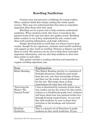 Retelling Nonfiction

      Content area text presents a challenge for young readers.
Often, students think that simply reading the words equals
success. They may not understand that they have to remember
important ideas from what they read.
      Retelling can be a great tool to help students understand
nonfiction. When students retell, they have to transform the
printed words of the text into their own spoken words. Retelling
allows readers to see if they understood the text, connect new
ideas with existing information, and make inferences.
      Simply directing kids to retell does not always lead to good
results, though! In my experience, students need careful modeling
and support as they work on retelling. Pictures or figures can help
them to retell. The pictures can be cues to help them remember
important information, and can also help students to show how
ideas relate to each other.
      This packet includes a reading selection and materials to
support retelling expository text.

Item                           Explanation
Before Reading                 This Before Reading activity is a variation of
                               Probable Sentences. Students read words
                               from the text, rate their knowledge of them,
                               and then use the words to write predictions
                               for the text. This helps them to form
                               expectations for what they will read.
“Surviving the                 I was so fascinated by accounts of how these
Winter: The                    tiny turtles survive the winter! In this article,
Painted Turtle”                written at a third/fourth grade level, students
                               will learn about how tiny painted turtles live
                               through freezing temperatures. As you read
                               this with students, be sure to draw their
                               attention to the headings and italicized
                               words.
Retelling                      This is a generic set of directions to guide
Nonfiction                     students as they retell nonfiction. If your


Emily Kissner 2011 For classroom use only
 