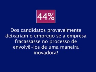 44% 
Dos candidatos provavelmente 
deixariam o emprego se a empresa 
fracassasse no processo de 
envolvê-los de uma maneira 
inovadora! 
 