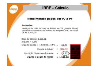 IRRF – Cálculo

     Rendimentos pagos por PJ a PF

Exemplos:
Serviços de mão de obra de Fulano de Tal (Pessoa Física)
referente o conserto de veículo da empresa ABC no valor
de R$ 1.500,00


Base de Cálculo: 1.500,00
Alíquota = 7,5%
Imposto devido = 1.500,00 x 7,5% =        112,50
                                                     Dispensa
                  Parcela a deduzir   =   (112,43)       de
                                                     retenção
  Retenção IR para recolhimento       =      0,07     de valor
                                                     inferior a
     Líquido a pagar do recibo        = 1.500,00     R$ 10,00
 