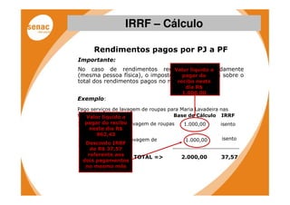 IRRF – Cálculo

      Rendimentos pagos por PJ a PF
Importante:
No caso de rendimentos recebidos líquido a
                                 Valor acumuladamente
(mesma pessoa física), o imposto na pagar do
                                     fonte incidirá sobre o
total dos rendimentos pagos no mês.
                                  recibo neste
                                          dia R$
                                         1.000,00
Exemplo:
Pago serviços de lavagem de roupas para Maria Lavadeira nas
seguintes líquido a
   Valor datas:                      Base de Cálculo IRRF
   pagar do recibo
10/Set - serviços de lavagem de roupas   1.000,00    isento
     neste dia R$
       962,43
20/Set - serviços de lavagem de           1.000,00    isento
   Desconto IRRF
roupas
     de R$ 37,57
    referente aos
                       TOTAL =>          2.000,00    37,57
  dois pagamentos
   no mesmo mês
 