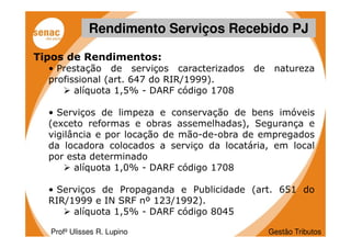 Rendimento Serviços Recebido PJ

Tipos de Rendimentos:
  • Prestação de serviços caracterizados   de    natureza
  profissional (art. 647 do RIR/1999).
        alíquota 1,5% - DARF código 1708

  • Serviços de limpeza e conservação de bens imóveis
  (exceto reformas e obras assemelhadas), Segurança e
  vigilância e por locação de mão-de-obra de empregados
  da locadora colocados a serviço da locatária, em local
  por esta determinado
        alíquota 1,0% - DARF código 1708

  • Serviços de Propaganda e Publicidade (art. 651 do
  RIR/1999 e IN SRF nº 123/1992).
       alíquota 1,5% - DARF código 8045

  Profº Ulisses R. Lupino                       Gestão Tributos
 