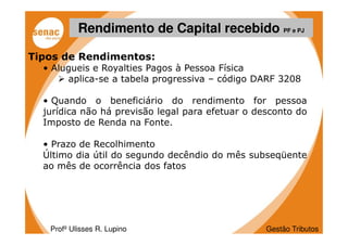 Rendimento de Capital recebido PF e PJ

Tipos de Rendimentos:
  • Alugueis e Royalties Pagos à Pessoa Física
       aplica-se a tabela progressiva – código DARF 3208

  • Quando o beneficiário do rendimento for pessoa
  jurídica não há previsão legal para efetuar o desconto do
  Imposto de Renda na Fonte.

  • Prazo de Recolhimento
  Último dia útil do segundo decêndio do mês subseqüente
  ao mês de ocorrência dos fatos




   Profº Ulisses R. Lupino                        Gestão Tributos
 