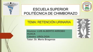 ESCUELA SUPERIOR
POLITÉCNICA DE CHIMBORAZO
TEMA: RETENCIÓN URINARIA
Alumno: LUIS ALBERTO ARROBO
HUACA
Cátedra: UROLOGIA
Tutor: Dr. Mario Braganza
 