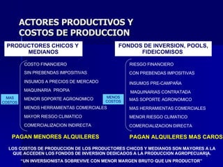 ACTORES PRODUCTIVOS Y COSTOS DE PRODUCCION PRODUCTORES CHICOS Y  MEDIANOS FONDOS DE INVERSION, POOLS, FIDEICOMISOS  SIN PREBENDAS IMPOSITIVAS CON PREBENDAS IMPOSITIVAS INSUMOS A PRECIOS DE MERCADO INSUMOS PRE-CAMPA ÑA MAQUINARIA  PROPIA MAQUINARIAS CONTRATADA MENOR SOPORTE AGRONOMICO MAS SOPORTE AGRONOMICO MENOS HERRAMIENTAS COMERCIALES MAS HERRAMIENTAS COMERCIALES MAYOR RIESGO CLIMATICO MENOR RIESGO CLIMATICO COMERCIALIZACION INDIRECTA COMERCIALIZACION DIRECTA PAGAN MENORES ALQUILERES PAGAN ALQUILERES MAS CAROS LOS COSTOS DE PRODUCCION DE LOS PRODUCTORES CHICOS Y MEDIANOS SON MAYORES A LA QUE ACCEDEN LOS FONDOS DE INVERSION DEDICADOS A LA PRODUCCION AGROPECUARIA. “ UN INVERSIONISTA  SOBREVIVE CON MENOR MARGEN BRUTO QUE UN PRODUCTOR”  COSTO FINANCIERO RIESGO FINANCIERO MENOS COSTOS MAS  COSTOS 