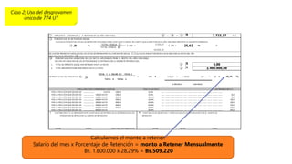 Calculamos el monto a retener.
Salario del mes x Porcentaje de Retención = monto a Retener Mensualmente
Bs. 1.800.000 x 28,29% = Bs.509.220
Caso 2; Uso del desgravamen
único de 774 UT
 