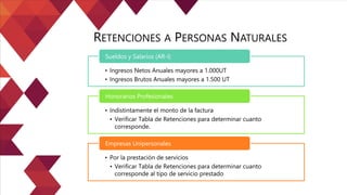 RETENCIONES A PERSONAS NATURALES
• Ingresos Netos Anuales mayores a 1.000UT
• Ingresos Brutos Anuales mayores a 1.500 UT
Sueldos y Salarios (AR-I)
• Indistintamente el monto de la factura
• Verificar Tabla de Retenciones para determinar cuanto
corresponde.
Honorarios Profesionales
• Por la prestación de servicios
• Verificar Tabla de Retenciones para determinar cuanto
corresponde al tipo de servicio prestado
Empresas Unipersonales
 