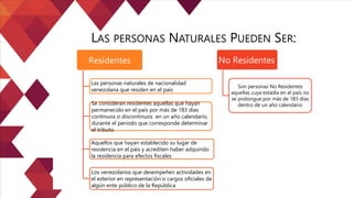 Residentes
Las personas naturales de nacionalidad
venezolana que residen en el país
Se consideran residentes aquellas que hayan
permanecido en el país por más de 183 días
continuos o discontinuos en un año calendario,
durante el periodo que corresponde determinar
el tributo
Aquellos que hayan establecido su lugar de
residencia en el país y acrediten haber adquirido
la residencia para efectos fiscales
Los venezolanos que desempeñen actividades en
el exterior en representación o cargos oficiales de
algún ente público de la República
No Residentes
Son personas No Residentes
aquellas cuya estadía en el país no
se prolongue por más de 183 días
dentro de un año calendario
LAS PERSONAS NATURALES PUEDEN SER:
 