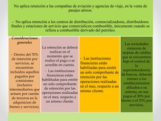 No aplica retención a las compañías de aviación y agencias de viaje, en la venta de
pasajes aéreos.
- No aplica retención a los centros de distribución, comercializadoras, distribuidores
finales y estaciones de servicio que comercialicen combustible, únicamente cuando se
refiera a combustible derivado del petróleo.
Consideraciones
generales
- Dentro del 70%
de retención por
servicios, se
encuentran
incluidos aquellos
pagados por
comisiones
(inclusive
intermediarios que
actuen por cuenta
de terceros en la
adquisicion de
bienes y servicios).
- -
La retención se deberá
realizar en el
momento que se
realice el pago o se
acredite en cuenta.
- Las instituciones
financieras están
habilitadas para emitir
un solo comprobante
de retención por las
operaciones realizadas
en el mes, respecto a
un mismo cliente.
- Las instituciones
financieras están
habilitadas para emitir
un solo comprobante de
retención por las
operaciones realizadas
en el mes, respecto a un
mismo cliente.
Las sociedades
emisoras de
tarjetas de crédito
que se encuentren
bajo el control de
la
superintendencia
de bancos, deberán
retener a los
establecimientos
afiliados a su
sistema, en sus
pagos el 30% por
bienes o el 70% por
servicios.
 