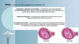 ●Atrapado o placenta encarcelado - La placenta que se ha separado
completamente del útero, pero no salio espontáneamente o con la tracción del
cordón de luz debido a que el cuello uterino se cerro.
●adherens Placenta - La placenta es adherente a la pared uterina, pero
separarse fácilmente de forma manual.
●La placenta accreta - La placenta invade el miometrio patológicamente debido a
un defecto en la decidua. No puede ser separado, aunque la placenta aún puede
ser retirado por vía vaginal si el área de unión es pequeña.
TIPOS - 3 tipos, en orden creciente de la morbilidad, son:
 