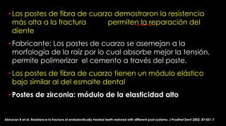 Fatigue resistance of endodonticallytreatedteethrestoredwiththreedowel-and-coresystems(J ProsthetDent 2005;93:45-50.)El estudio mostro que el mejor comportamiento lo presento el poste en fibra de vidrio, seguido del poste de titanio y finalmente el nucleo colado en oro