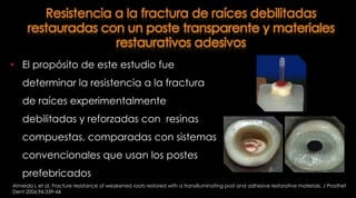 Indicación Protección de la estructura dental remanenteCuando se ha perdido el total de la porción coronal del diente la Responsabilidad de mantener la integridad de los márgenes esta dada por la porción coronal del núcleo ya que las fuerzas oclusales son dirigidas a lo largo de la longitud del poste, lo cual provee alivio del stress en los márgenesCaputo A, Standlee J. Biomechanics in Clinical Dentistry. Quintessence Publishing. Cap8. 1987
