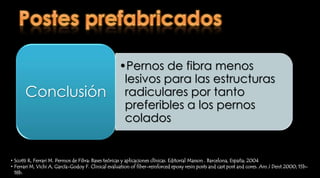 Postes prefabricados  1. Pernos – muñón pasivoCerámicos Resina acetalicaComposites reforzados con fibraScotti R, Ferrari M. Permos de Fibra: Bases teóricas y aplicaciones clínicas. Editorial Masson . Barcelona, España; 2004