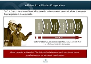 5
A Retenção de Clientes Coorporativos
Neste contexto, a vida útil do Cliente impacta diretamente nos horizontes de lucro e,
em alguns casos, no retorno de investimentos.
Em B to B os contatos entre Cliente e Empresa são mais complexos, personalizados e fazem parte
de um processo de longa duração.
Cada Período envolve questões específicas, que podem interferir
no relacionamento com a empresa.
 