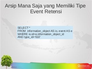 Arsip Mana Saja yang Memiliki Tipe
          Event Retensi


     SELECT *
     FROM information_object AS io, event AS e
     WHERE io.id=e.information_object_id
     AND type_id='610'
 