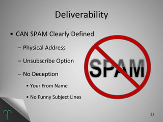 Deliverability <ul><li>CAN SPAM Clearly Defined </li></ul><ul><ul><li>Physical Address </li></ul></ul><ul><ul><li>Unsubscr...