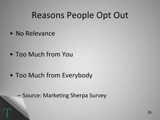 Reasons People Opt Out <ul><li>No Relevance </li></ul><ul><li>Too Much from You </li></ul><ul><li>Too Much from Everybody ...