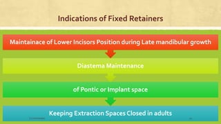 Indications of Fixed Retainers
Keeping Extraction Spaces Closed in adultsKeeping Extraction Spaces Closed in adults
of Pontic or Implant spaceof Pontic or Implant space
Diastema MaintenanceDiastema Maintenance
Maintainace of Lower Incisors Position during Late mandibular growthMaintainace of Lower Incisors Position during Late mandibular growth
S.S Hotchandani 40
 