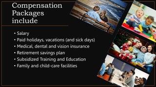 Compensation
Packages
include
• Salary
• Paid holidays, vacations (and sick days)
• Medical, dental and vision insurance
• Retirement savings plan
• Subsidized Training and Education
• Family and child-care facilities
 