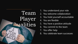 Team
Player
Qualities
1. You understand your role
2. You welcome collaboration
3. You hold yourself accountable
4. You are flexible
5. You have a positive attitude
6. You commit to the team
7. You offer help
8. You celebrate team successes
 