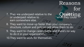 Reasons
for
Quitting
7. They are underpaid relative to the market --
or underpaid relative to what they could
earn somewhere else.
8. They want to move up faster than your company's
structure, culture and policies will allow them to do.
9. They want to change career paths and there's no way
to do it in your organization.
10.They want to work for themselves.
 