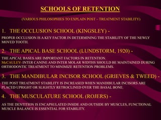 SCHOOLS OF RETENTION
1. THE OCCLUSION SCHOOL (KINGSLEY) -
(VARIOUS PHILOSOPHIES TO EXPLAIN POST – TREATMENT STABILITY)
PROPER OCCLUSION IS A KEY FACTOR IN DETERMINING THE STABILITY OF THE NEWLY
MOVED TOOTH.
2. THE APICAL BASE SCHOOL (LUNDSTORM, 1920) -
THE APICAL BASES ARE IMPORTANT FACTORS IN RETENTION.
McCAULEY- INTER CANINE AND INTER MOLAR WIDTHS SHOULD BE MAINTAINED DURING
ORTHODONTIC TREATMENT TO MINIMIZE RETENTION PROBLEMS.
3. THE MANDIBULAR INCISOR SCHOOL (GRIEVES & TWEED) -
THE POST TREATMENT STABILITY IS INCREASED WHEN MANDIBULAR INCISORS ARE
PLACED UPRIGHT OR SLIGHTLY RETROCLINED OVER THE BASAL BONE.
4. THE MUSCULATURE SCHOOL (ROJERS) -
AS THE DENTITION IS ENCAPSULATED INSIDE AND OUTSIDE BY MUSCLES, FUNCTIONAL
MUSCLE BALANCE IS ESSENTIAL FOR STABILITY.
 