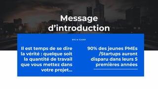 3
Il est temps de se dire
la vérité : quelque soit
la quantité de travail
que vous mettez dans
votre projet…
BIG & CL EA R
Message
d’introduction
90% des jeunes PMEs
/Startups auront
disparu dans leurs 5
premières années
 
