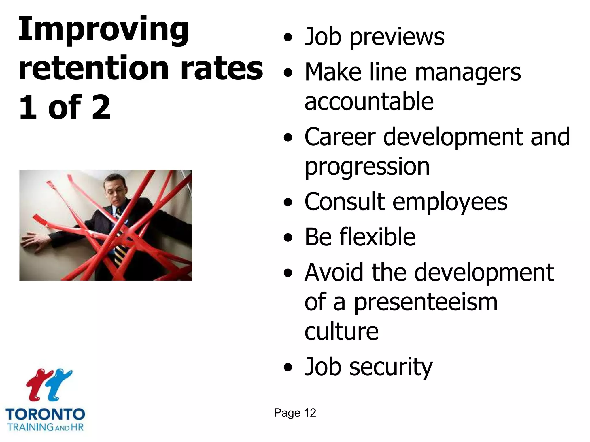Improving
retention rates
1 of 2
• Job previews
• Make line managers
accountable
• Career development and
progression
• Consult employees
• Be flexible
• Avoid the development
of a presenteeism
culture
• Job security
Page 12
 