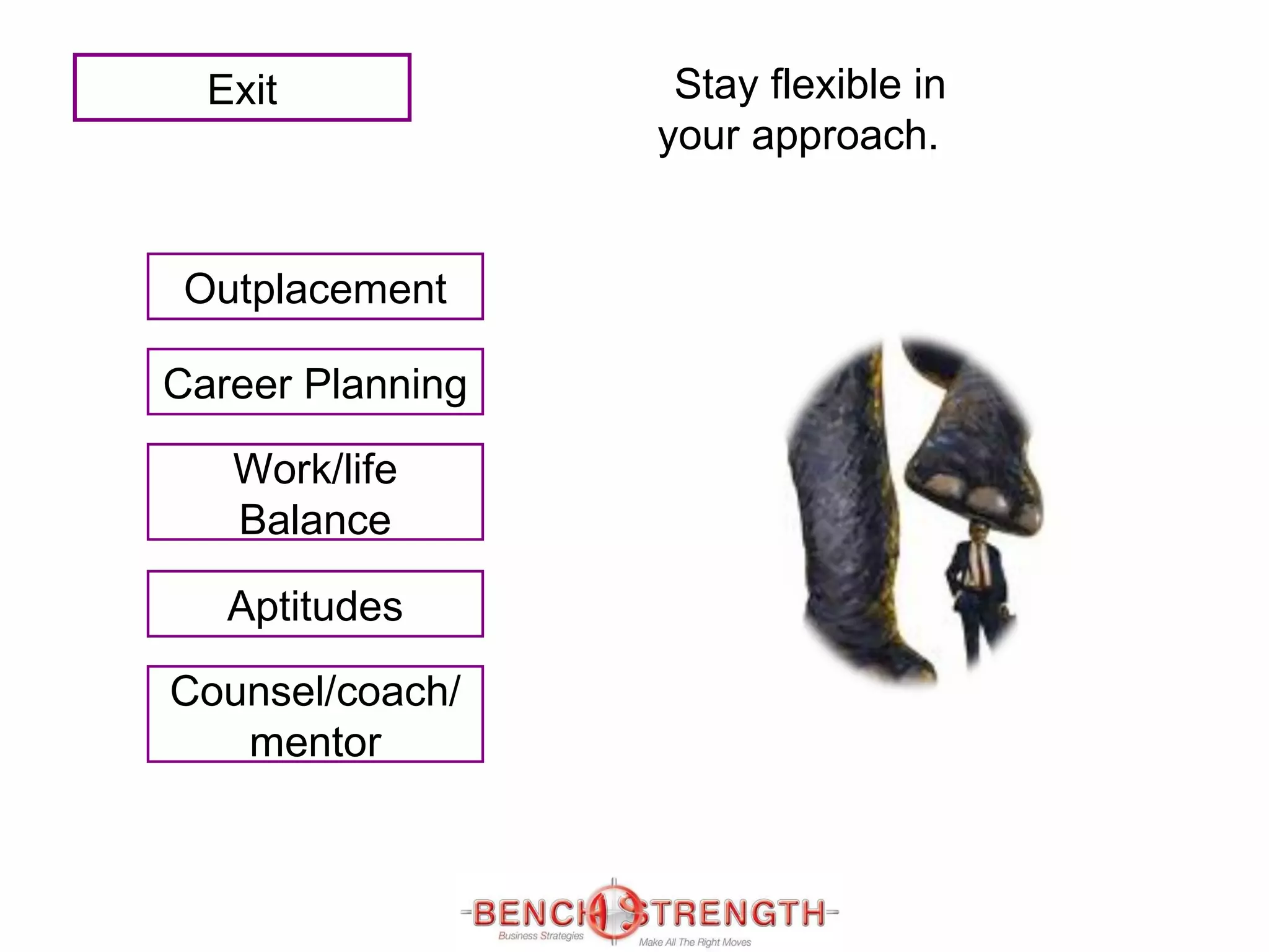 Stay flexible in your approach.  Exit Outplacement Career Planning Work/life Balance Aptitudes Counsel/coach/mentor 