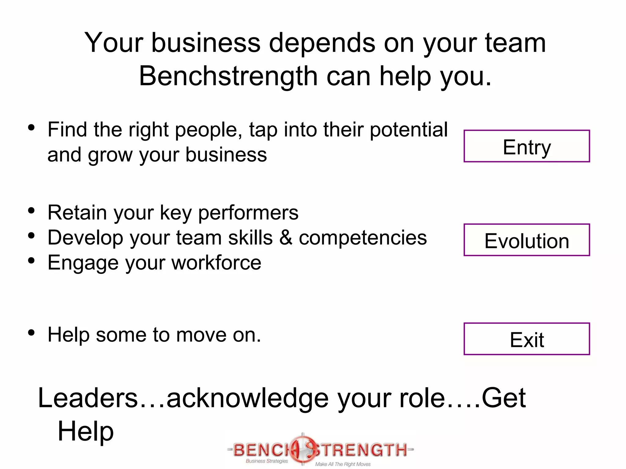Find the right people, tap into their potential and grow your business Your business depends on your team Benchstrength can help you. Entry Evolution Exit Retain your key performers Develop your team skills & competencies Engage your workforce Help some to move on. Leaders…acknowledge your role….Get Help 