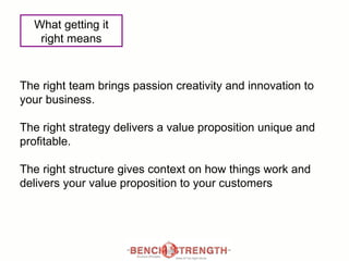 The right team brings passion creativity and innovation to your business. The right strategy delivers a value proposition unique and profitable. The right structure gives context on how things work and delivers your value proposition to your customers What getting it right means 