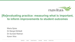 RESPECT. DRIVE. ADVENTUROUS. GENUINE. RIGOUR. CONVICTION.
[Re]evaluating practice: measuring what is important,
to inform improvements to student outcomes
Maria Spies
Dr Margot McNeill
Dr Suneeti Rekhari
Karen Woo
 