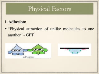 Physical Factors
• “Physical attraction of unlike molecules to one
another.”- GPT
1. Adhesion:
 