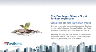 The Employee Shares Grant
for key employees
Employees are also Partners in growth
In order to promote the sense of ownership, EastNets
occasionally distributes shares of its Common Stock
to eligible employees who meet a specific criteria.

Realizing that they are now owners in the company,
employees tend to care more about the company’s
efficiency, profitability, and cost control.
 