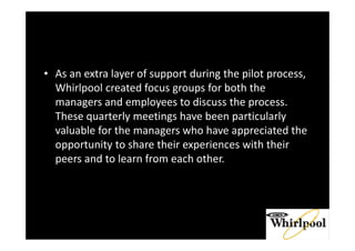 • As an extra layer of support during the pilot process,
Whirlpool created focus groups for both the
managers and employees to discuss the process.
These quarterly meetings have been particularly
valuable for the managers who have appreciated the
opportunity to share their experiences with their
peers and to learn from each other.
 