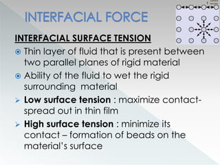 INTERFACIAL SURFACE TENSION
 Thin layer of fluid that is present between
two parallel planes of rigid material
 Ability of the fluid to wet the rigid
surrounding material
 Low surface tension : maximize contact-
spread out in thin film
 High surface tension : minimize its
contact – formation of beads on the
material’s surface
 