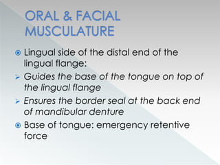  Lingual side of the distal end of the
lingual flange:
 Guides the base of the tongue on top of
the lingual flange
 Ensures the border seal at the back end
of mandibular denture
 Base of tongue: emergency retentive
force
 