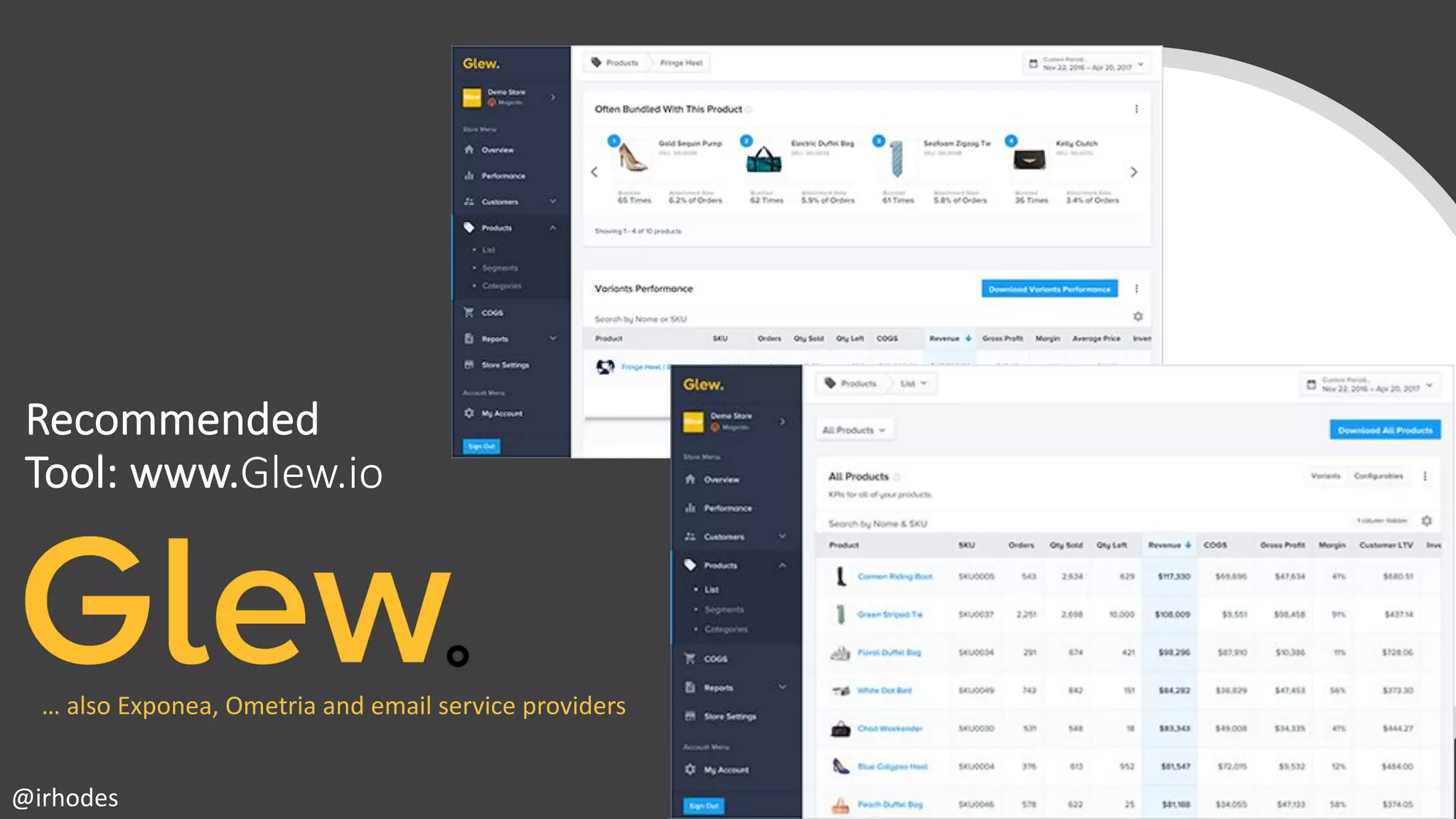 @irhodes
Recommended
Tool: www.Glew.io
… also Exponea, Ometria and email service providers
 
